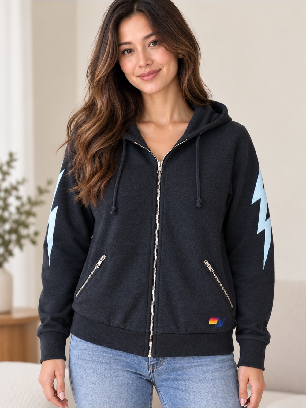 Aviator Nation Black/charcoal Lightning Bolt Full Zip Hoodie